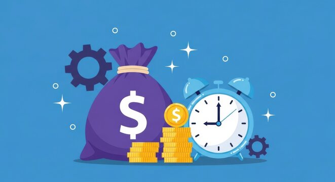 A purple money bag with a dollar sign sits next to a stack of gold coins and an alarm clock, symbolizing financial growth and time management