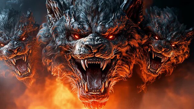 The mythical Cerberus with three heads roars against a fiery background of dark clouds and blazing flames, guarding the entrance to hell