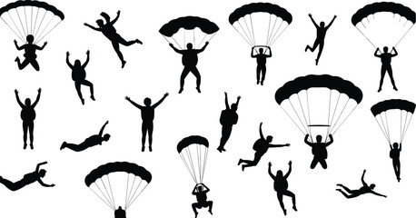 Diverse Silhouettes of Skydivers in Various Poses Against White Background skydiving parachute © Ariful