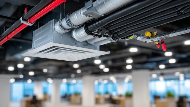 451Electrical conduit installation in office ceiling, macro side view, tools visible, detailed wires and fittings