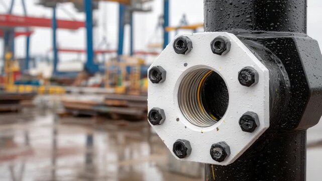 448Macro view of industrial water pipe flange, bolts and sealant visible, outdoor construction site
