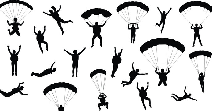 Diverse Silhouettes of Skydivers in Various Poses Against White Background skydiving parachute