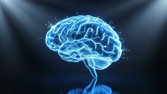 Glowing Brain Hologram \'96 artificial intelligence innovation concept, a luminous translucent brain formed from intricate electric blue light filaments hovering in a dark minimalist studio, fine