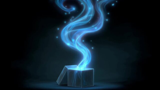 A box opens and blue glowing smoke rises into the air, creating a magical display in a dark setting