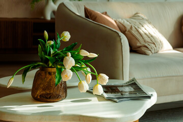 Soft sunlight spills across a modern living room