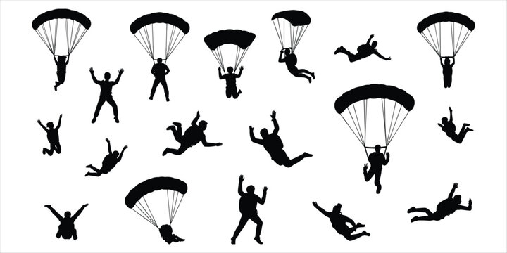 Silhouette collection of skydivers in various freefall poses and landing positions Keywords: skydiver, skydiving, parachute