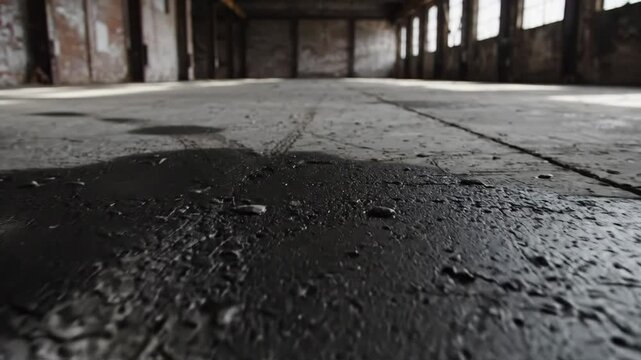 This video features an oil stain floor with detailed concrete texture and gritty industrial look, urban warehouse background, raw surface aesthetic, and rugged commercial branding visual for modern