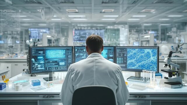 A scientist works at a desk with multiple computer screens while conducting research in a laboratory filled with equipment