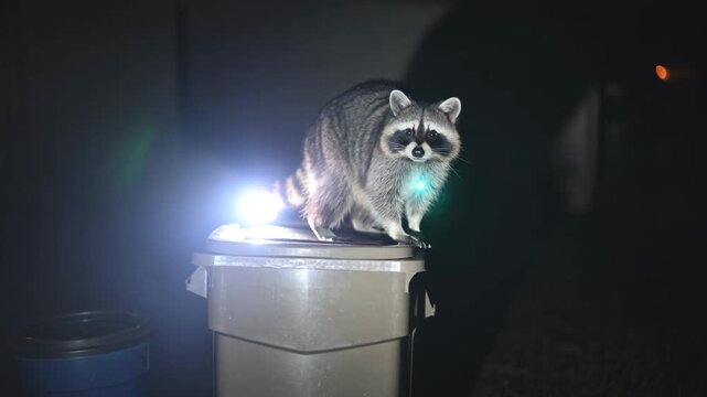 Raccoon adventure under the moonlight at a suburban home in the quiet night