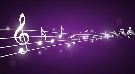 Animated music notes and staves flow across a purple gradient backdrop with subtle sparkles