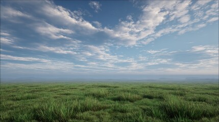 Obraz premium Serene Landscape with Green Grass Fields Under Bright Blue Sky and Wispy Clouds in a Peaceful Atmosphere