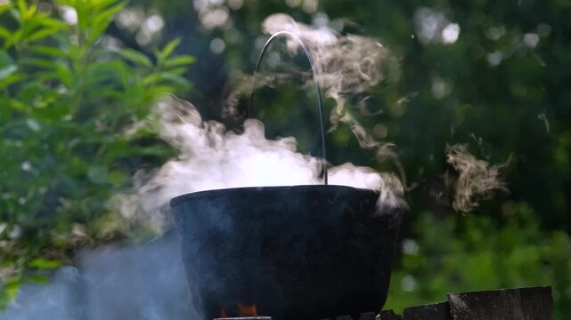 Thick white steam rising from a black cauldron boiling over an open fire in a sunny garden, backlighting.