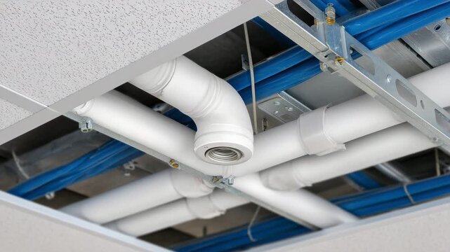 Close-up macro of electrical conduit junction, PVC and metal pipes, screws and brackets visible, office ceiling installation
