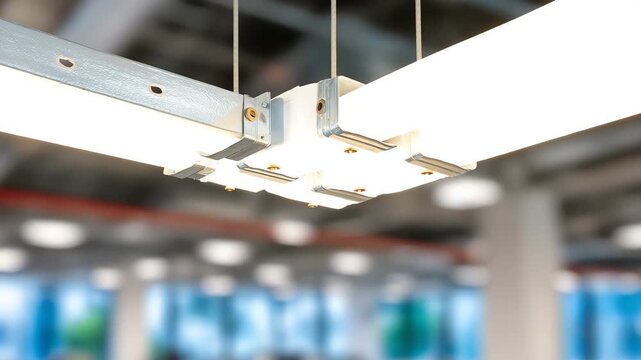 Close-up macro of electrical conduit junction, PVC and metal pipes, screws, brackets, office ceiling