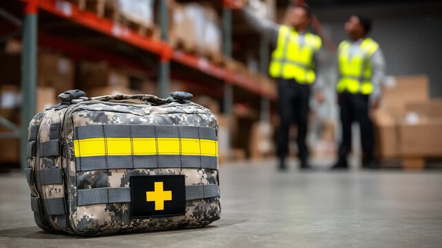Close-up of a response team emergency medical bag during first aid training, rugged tactical fabric with reflective strips, labeled compartments for hemorrhage control and limb imm