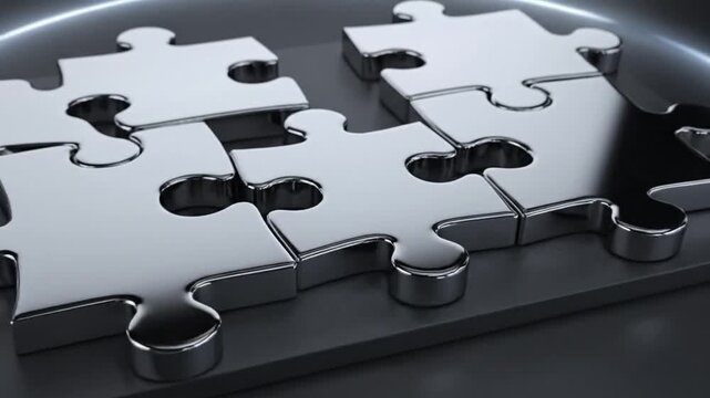 Shiny metallic puzzle piece closeup reflective surface abstract background modern silver design connection concept teamwork unity problem solving creative solution innovation assembly fitting