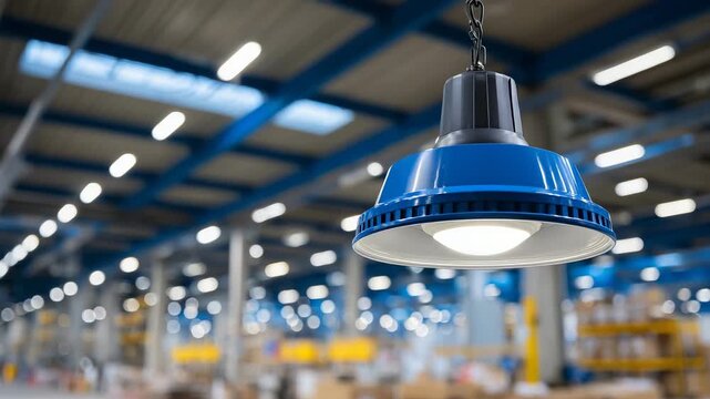 Close-up of blue industrial ceiling lamp hanging from steel beams in modern warehouse, LED light glowing, metallic structures and pipes in background, sharp focus on lamp texture a