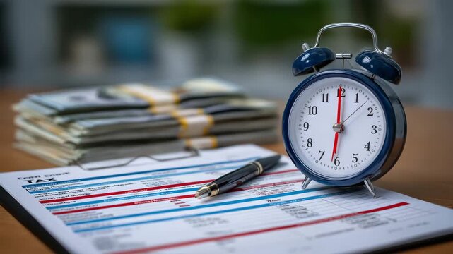 Close-up of alarm clock and tax checklist on clipboard, pen pointing to items, daylight highlighting paper textures, tax filing urgency, financial planning, bills and documents in