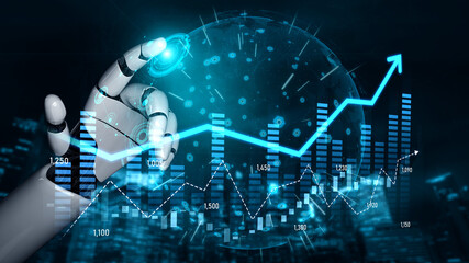 A robotic hand engages with a digital financial interface showcasing analytics, growth metrics, and...