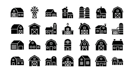 minimalist flat vector illustration set of farm and barn icons arranged in a clean grid layout. © MOCHRABBUL
