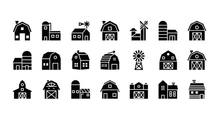 minimalist flat vector illustration set of farm and barn icons arranged in a clean grid layout. © MOCHRABBUL