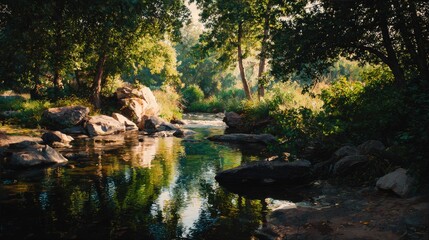 Serene River Scene with Lush Trees and Rocks in a Tranquil Natural Setting During Golden Hour