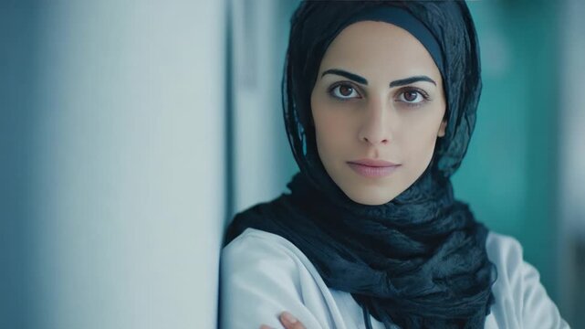 Arabian Beauty: A portrait of a stunning woman, wearing a hijab. Her face tells of determination, cultural pride, and serenity in equal measure.