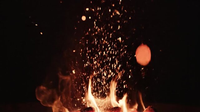 Glowing ember fire flame spark heat burning night dark energy orange dramatic ash wood outdoors campfire intense light smoke warmth blaze nature survival wild flicker danger fiery explosion bright