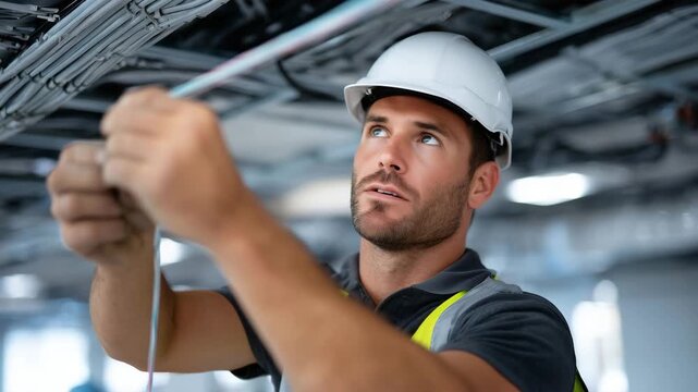 Close-up of electrician threading wires through conduit, indoor office ceiling, macro details, engineering structure