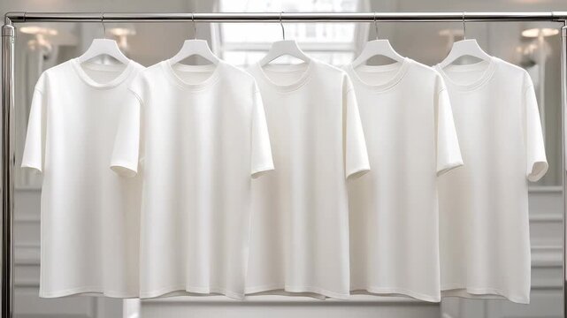White t shirts hang on a rack in a well lit room showcasing simple garment presentation