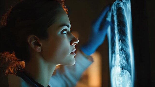 Focused Medical Analysis: A dedicated healthcare professional intently examines a patient's X-ray, the shadows and lines of the scan reflecting the gravity of the medical field.