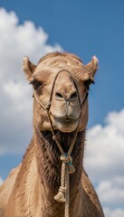 Close-up of a Camel'S Face with a Rope Halter Against a Blue Sky with Clouds