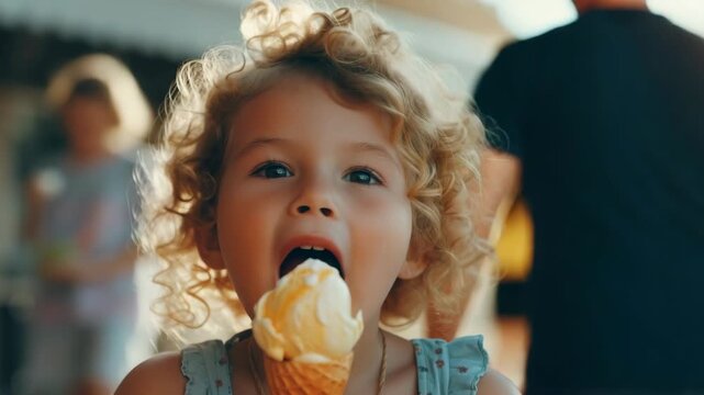 Little girl smiles, enjoying ice cream. Soft curls frame her joyful face. Warm sunlight glows behind her. She bites into her treat, delighted. Background blur hints at a park