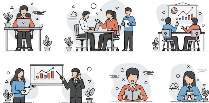Stylized illustrations of diverse individuals engaged in various office and personal activities
