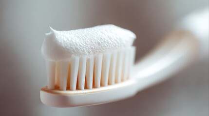 A closeup of a toothbrush with foamy toothpaste on the bristles. This dental hygiene image highlights oral care and a fresh morning cleaning routine.
