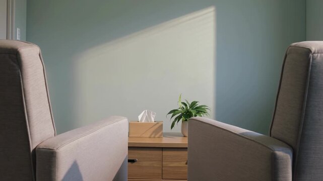 Empty mental health counseling room with armchairs and soft light