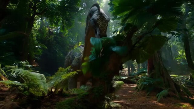 A large dinosaur moves through a thick forest with tall trees and sunlight breaking through the leaves