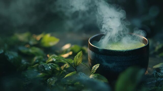 Matcha Tea Ceremony: A serene close-up of a bowl filled with vibrant green matcha tea, emitting gentle steam amidst lush greenery, evoking a sense of tranquility and a moment of zen.