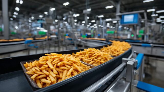 Close-up of stack of crispy snacks on factory conveyor belt, metal rollers and automated sorting arms in background, high detail, industrial food production, production line machin