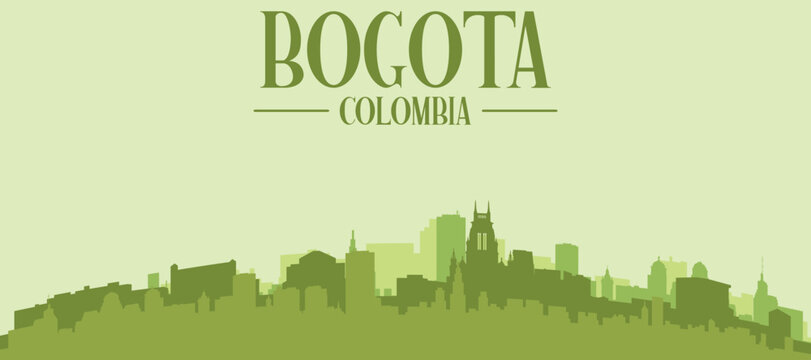 Green panoramic poster of the city skyline with solid background buildings on a hilly terrain of BOGOTA, COLOMBIA