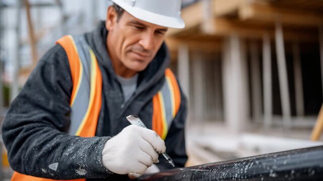 Close-up of worker applying adhesive to PVC pipe, indoor plumbing project, macro details of cement mortar