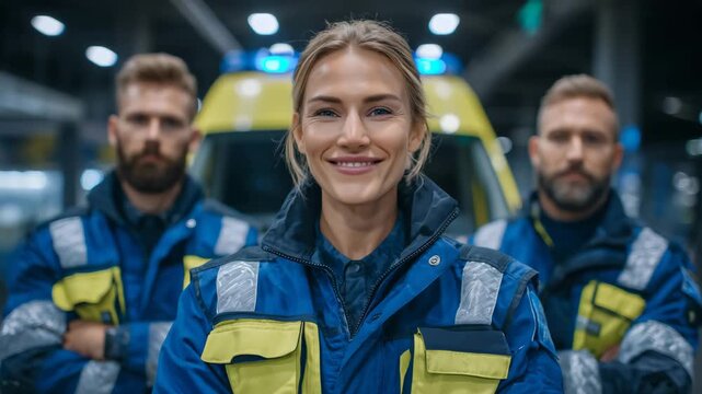 Confident faceless doctors and paramedic staff standing in front of ambulance, hospital emergency department setting, medical professionalism, emergency response readiness, cinemat