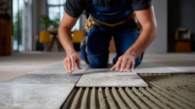 Craftsman laying large-format gray ceramic tiles, adhesive applied, hands using spacers, indoor home renovation, repair and remodeling project, realistic daylight and textures emph