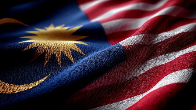 Malaysia's national fabric, the jalur gemilang, fluttering in a textured close up, representing patriotism, unity, independence, and the diverse culture of southeast asia