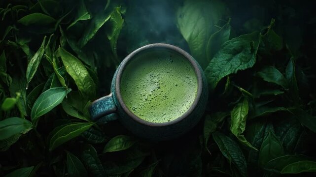 Matcha Serenity: A steaming mug of vibrant matcha tea is nestled amongst lush green leaves, evoking a sense of calm and well-being.