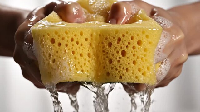 Video of absorbent sponge squeezed tightly with dripping water in close-up, domestic cleaning action concept, liquid motion study, hygienic lifestyle branding and detailed macro texture scene.