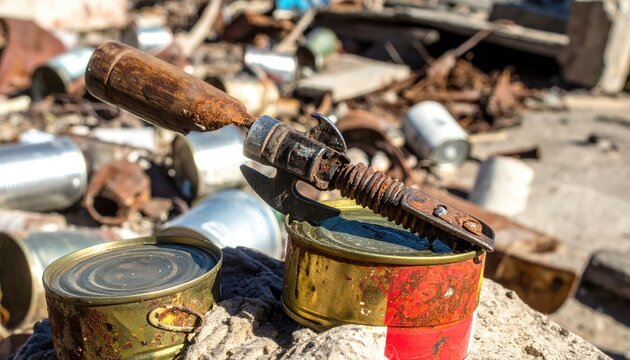 Detailed photograph of a rusty can opener resting atop scavenged ration cans within a pile of debris.