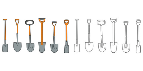 Hand-drawn cartoon and doodle set of shovels and spades on a white background. © Павел Костенко