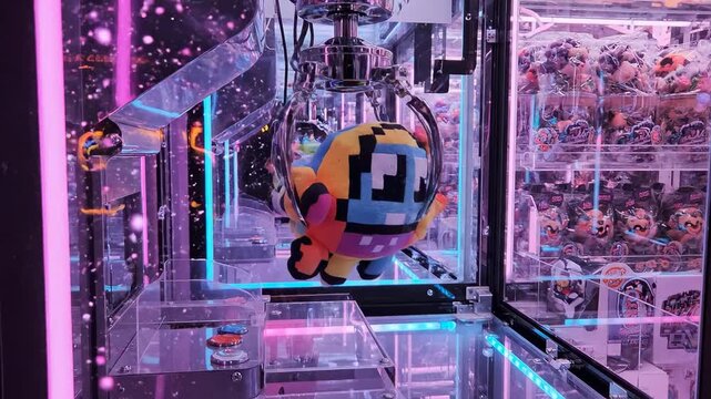 Video of stylized claw machine interior with glowing neon accents and suspended prize grab moment, gaming culture background for promotional and lifestyle content.