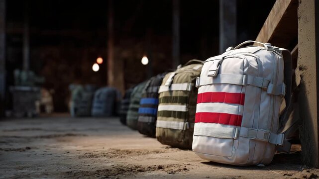 Emergency first aid kit bags prepared for workplace accident response, multiple trauma backpacks aligned on concrete floor, prosthetic limb support devices and immobilizers visible